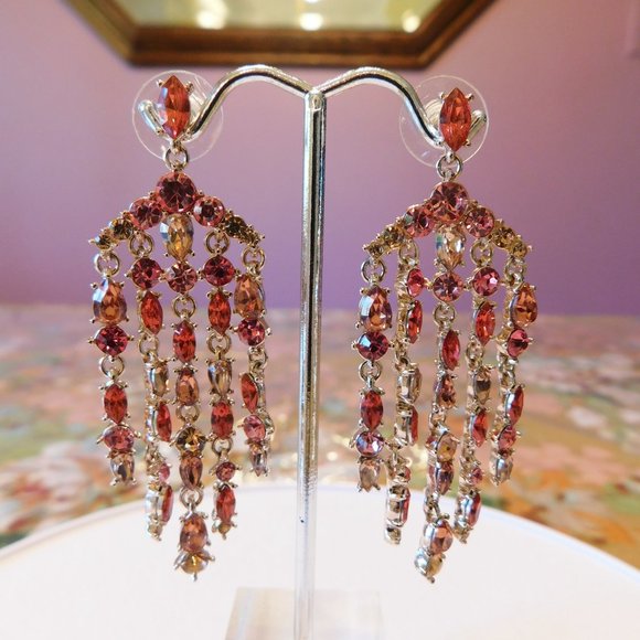 Inc Gold Tone Peach, Dark Coral Rhinestone Chandlier Earrings - NWT - Picture 3 of 4